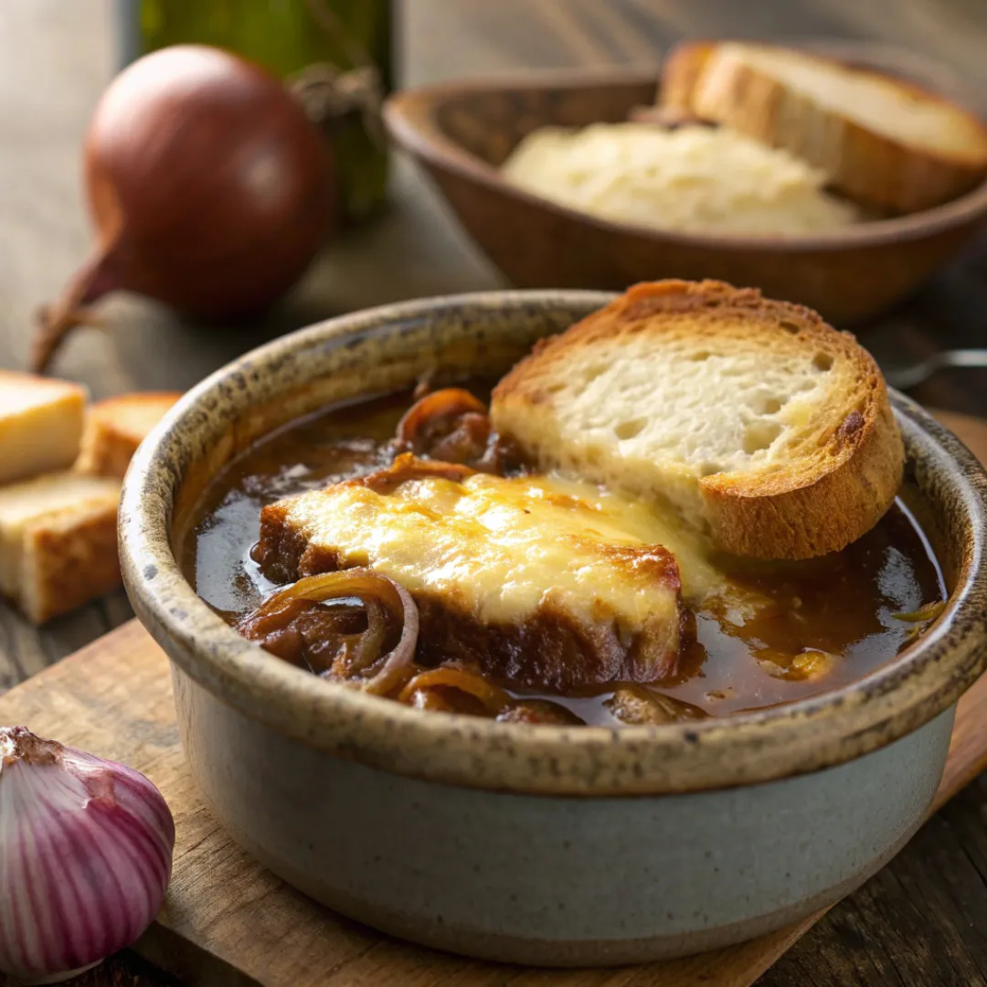Classic French Onion Soup with melted cheese and toasted bread