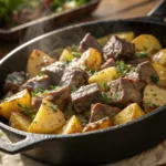 Skillet of garlic butter beef bites and golden potatoes
