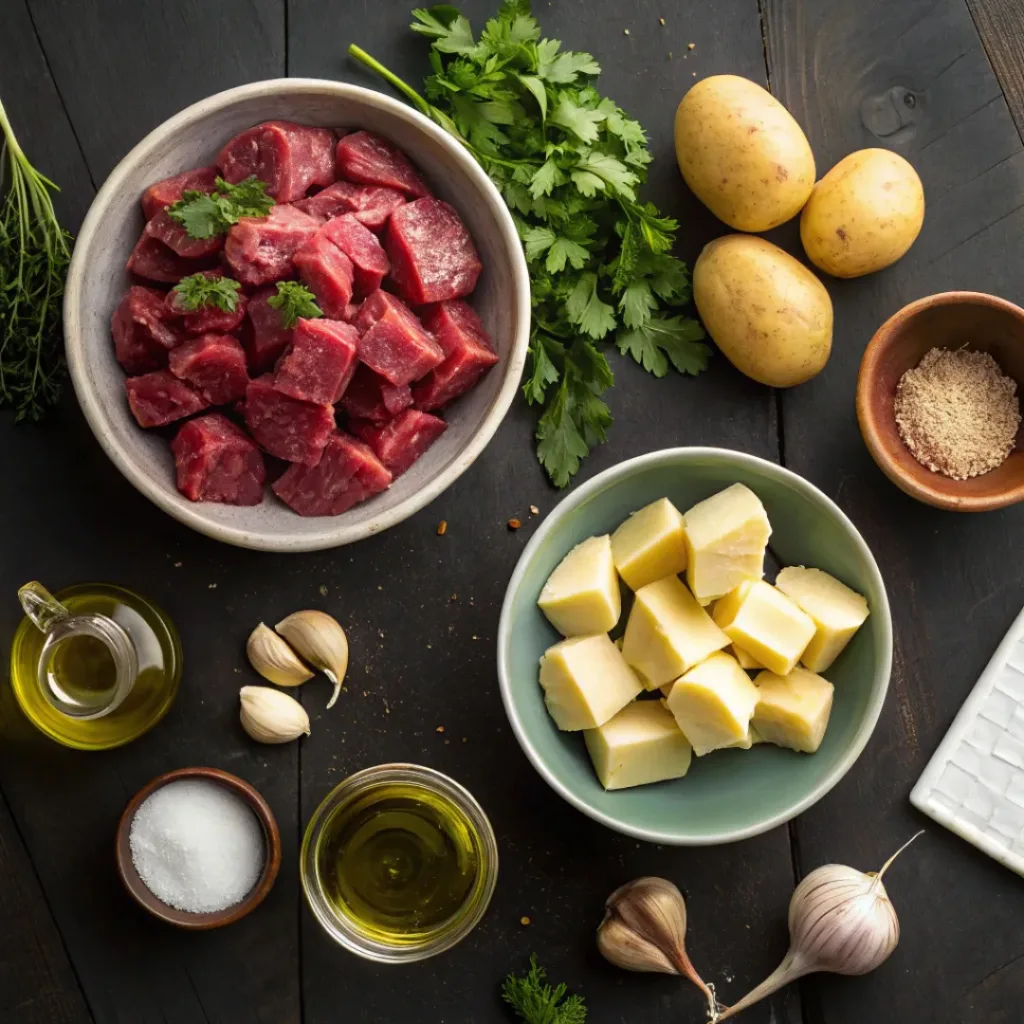 Flat lay of beef cubes, potatoes, garlic, and butter for garlic butter beef bites