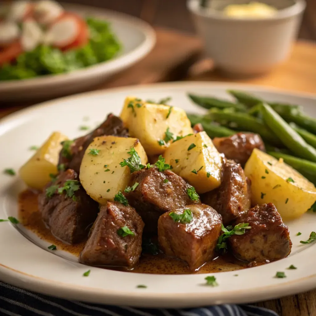 Plate of garlic butter beef bites and potatoes with herbs