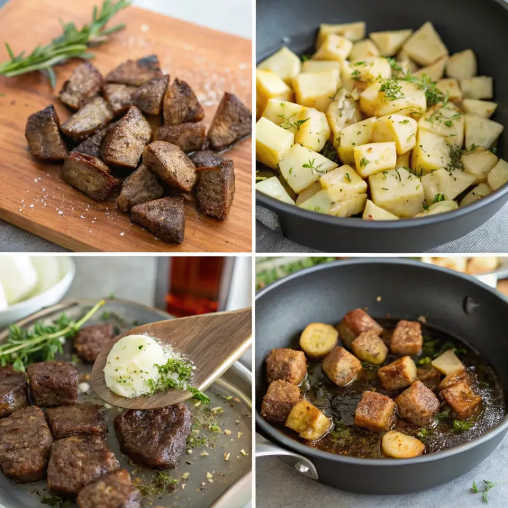 Step-by-step collage of garlic butter beef bites with potatoes preparation