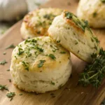 Fluffy garlic butter herb biscuits brushed with melted butter and fresh herbs