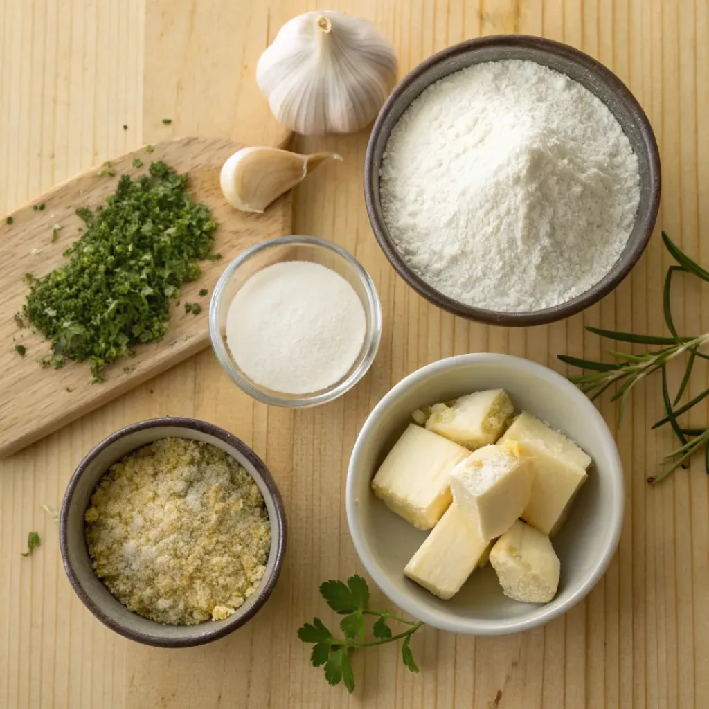 Soft Biscuits with Garlic, Butter, and Fresh Herbs 6 Flat lay of flour, butter, herbs, garlic, and baking ingredients for biscuits