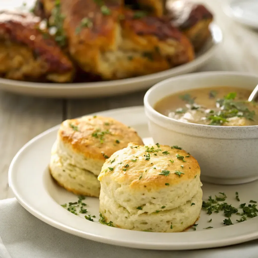 Soft Biscuits with Garlic, Butter, and Fresh Herbs 8 Golden garlic butter herb biscuits served with soup or roasted chicken