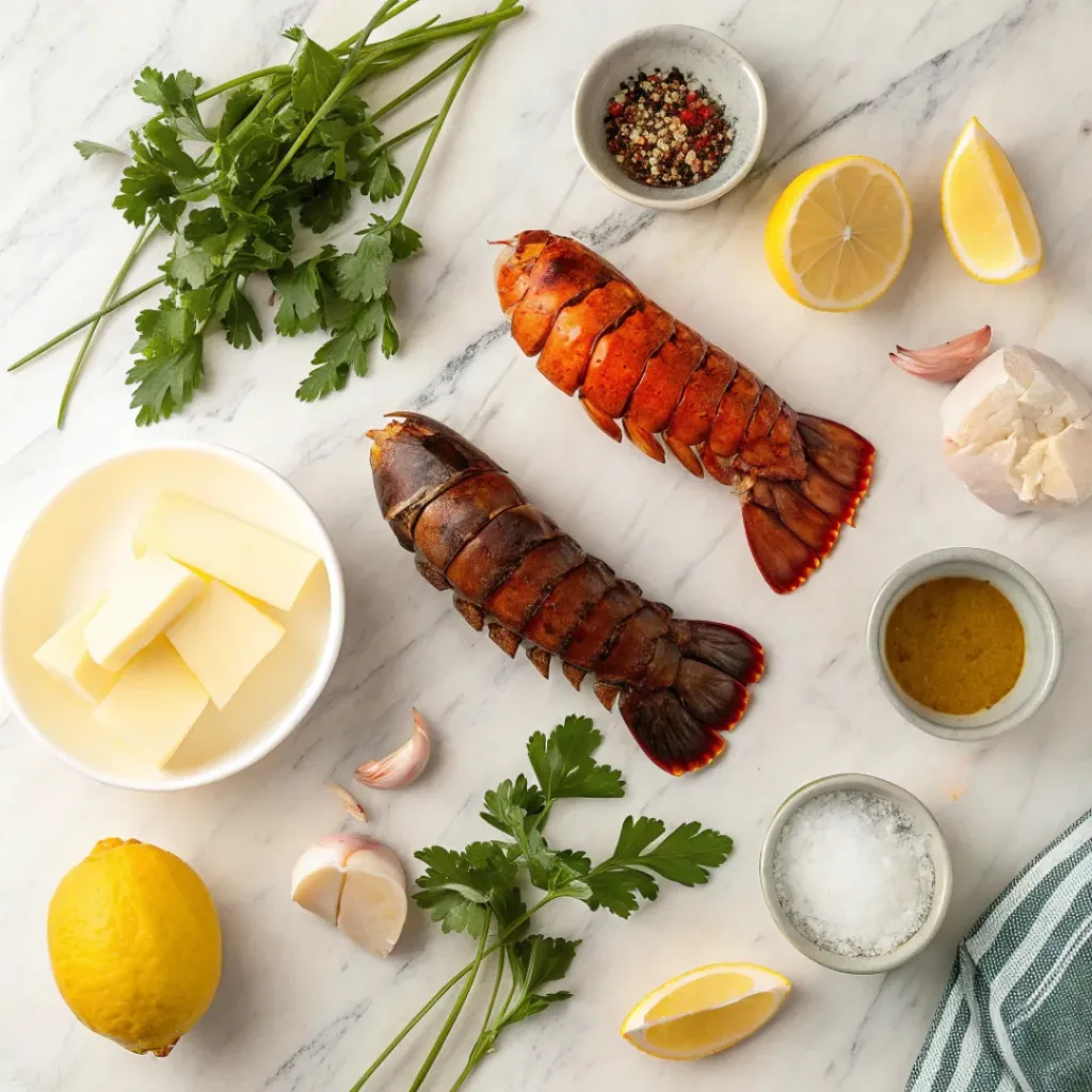 Flat lay of ingredients for garlic butter lobster tails
