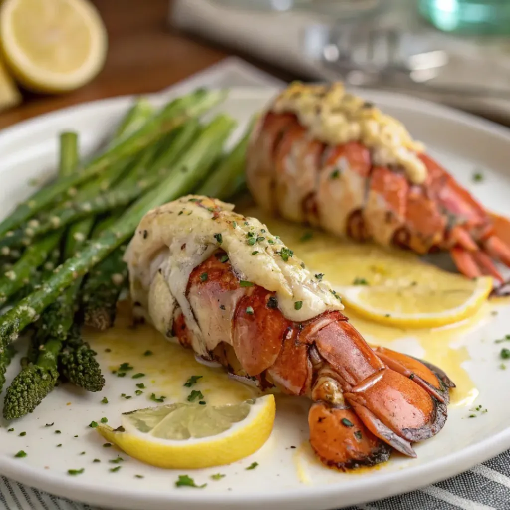 Plated garlic butter lobster tails with sides