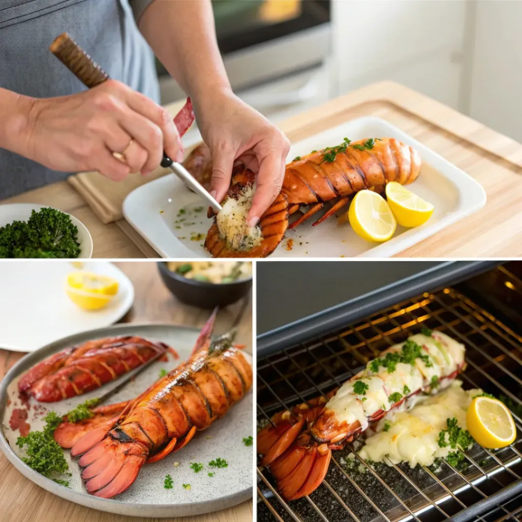 Collage showing steps for preparing garlic butter lobster tails