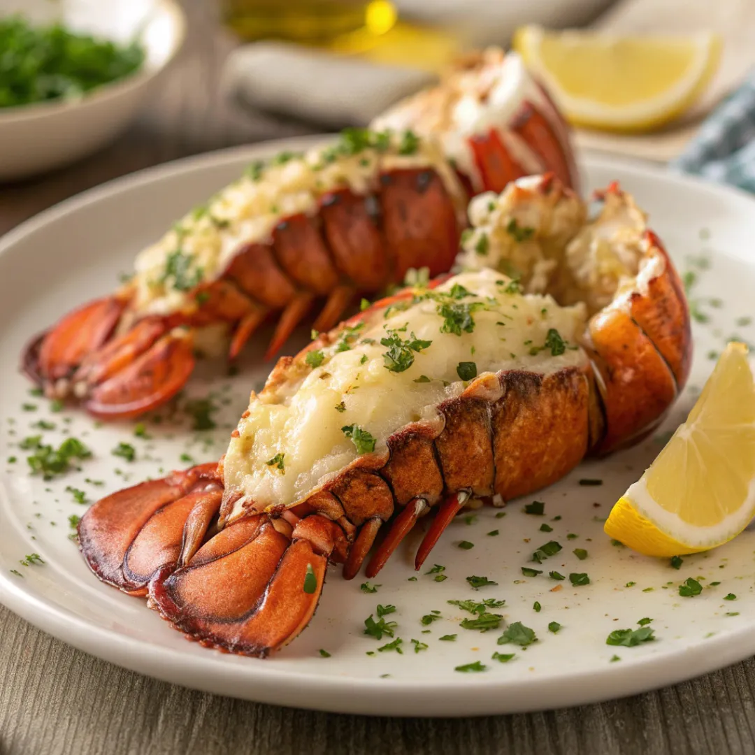 Perfectly broiled garlic butter lobster tails with herbs and lemon