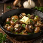 Skillet of Garlic Butter Mushrooms with herbs