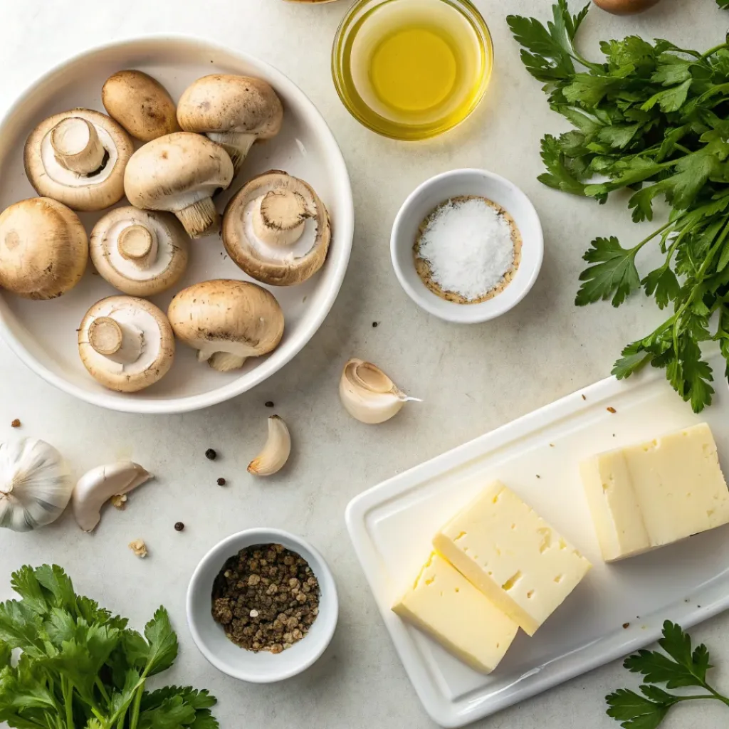 Flat lay of mushrooms, garlic, butter, and herbs