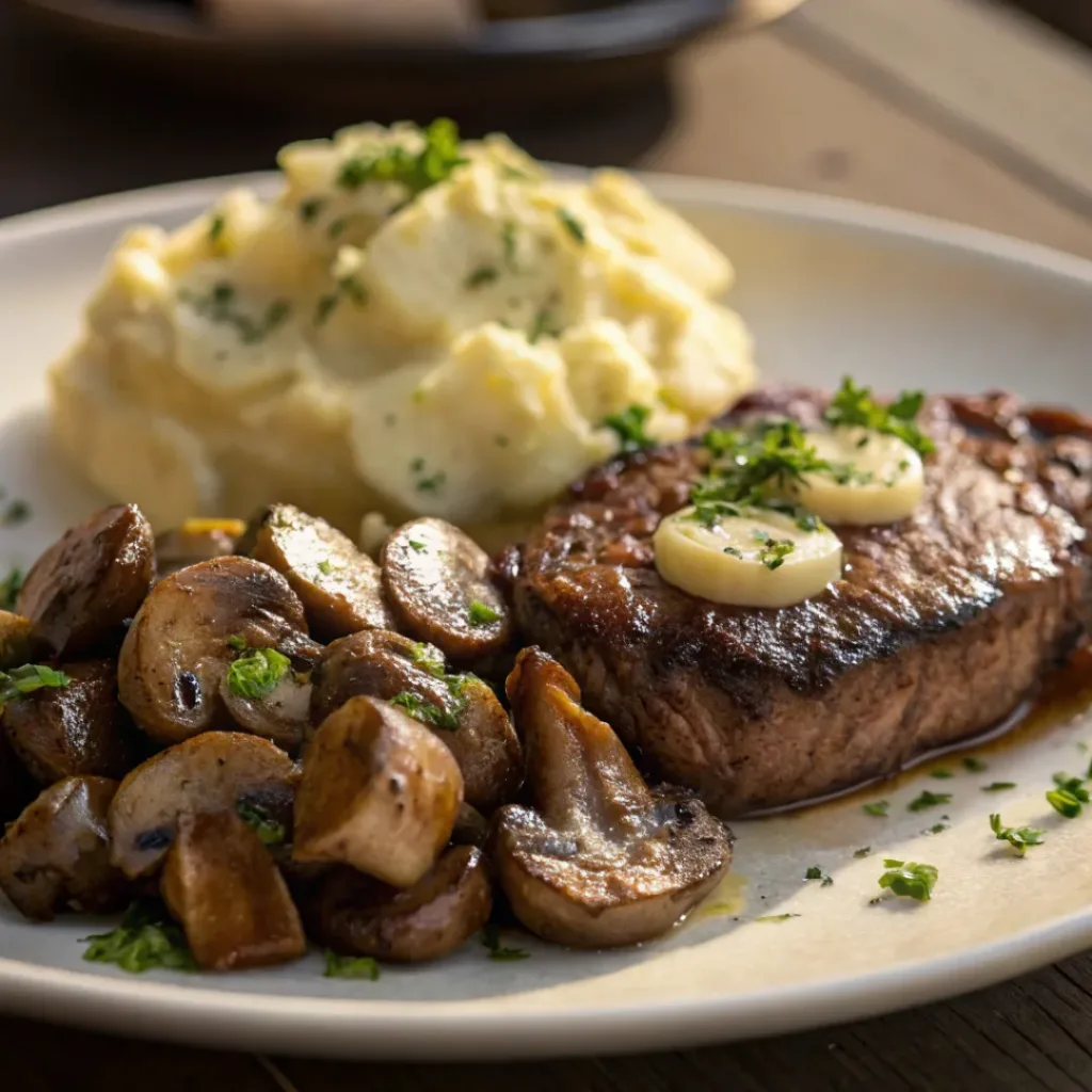 Garlic Butter Mushrooms served with steak and mashed potatoes