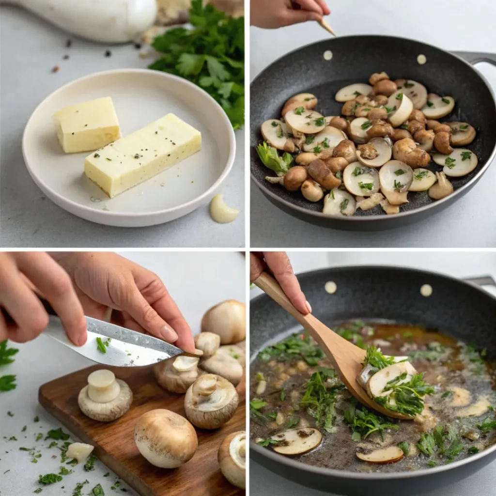 Collage showing steps to make Garlic Butter Mushrooms