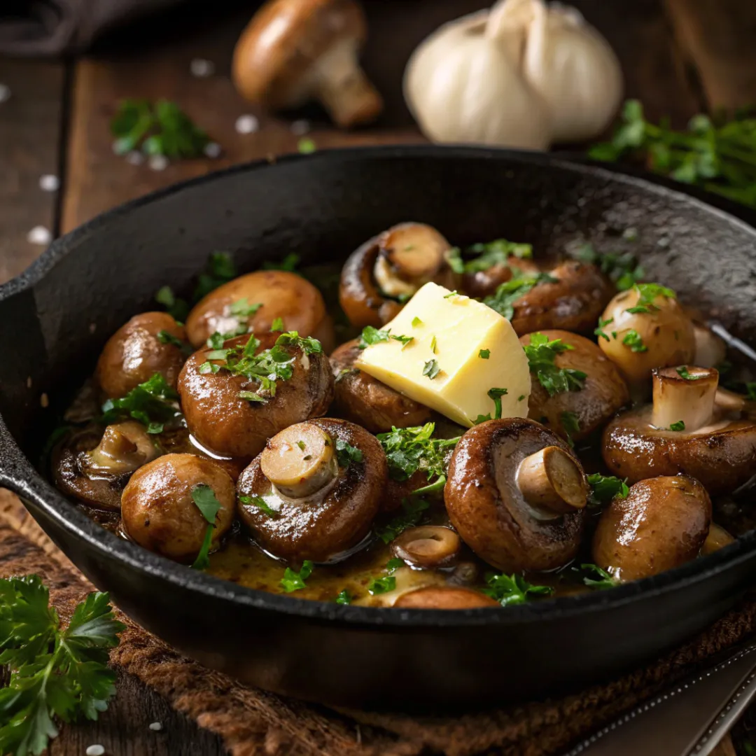 Skillet of Garlic Butter Mushrooms with herbs