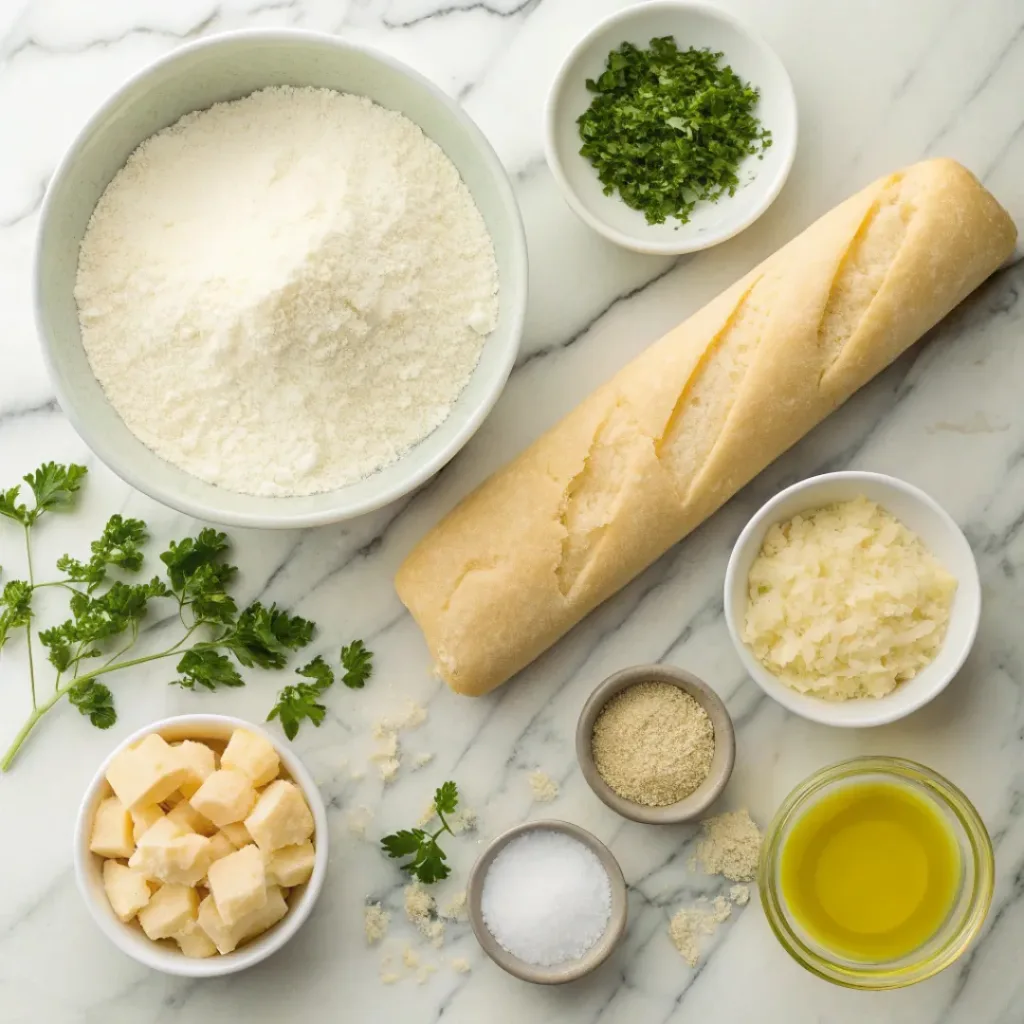 Quick and Delicious Cheesy Garlic Breadsticks 6 Flat lay of ingredients for garlic parmesan breadsticks including flour, garlic, butter, and parmesan