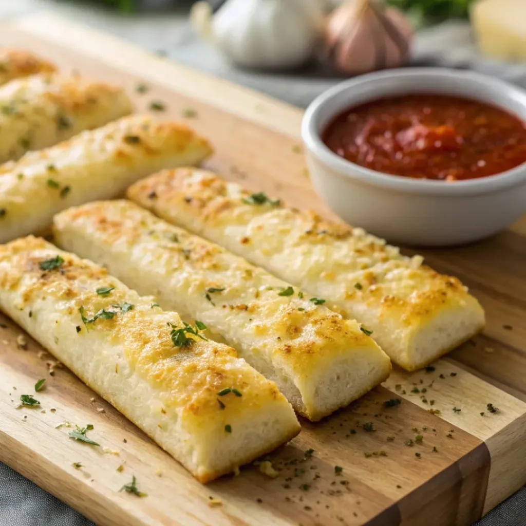 Quick and Delicious Cheesy Garlic Breadsticks 8 Golden garlic parmesan breadsticks on a board with marinara dipping sauce