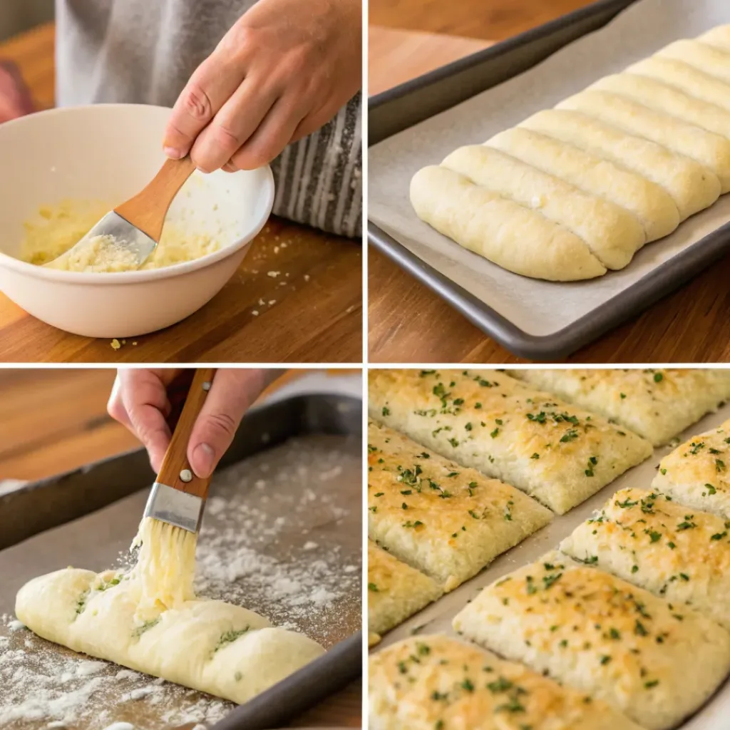 Quick and Delicious Cheesy Garlic Breadsticks 7 Step-by-step collage showing preparation of garlic parmesan breadsticks