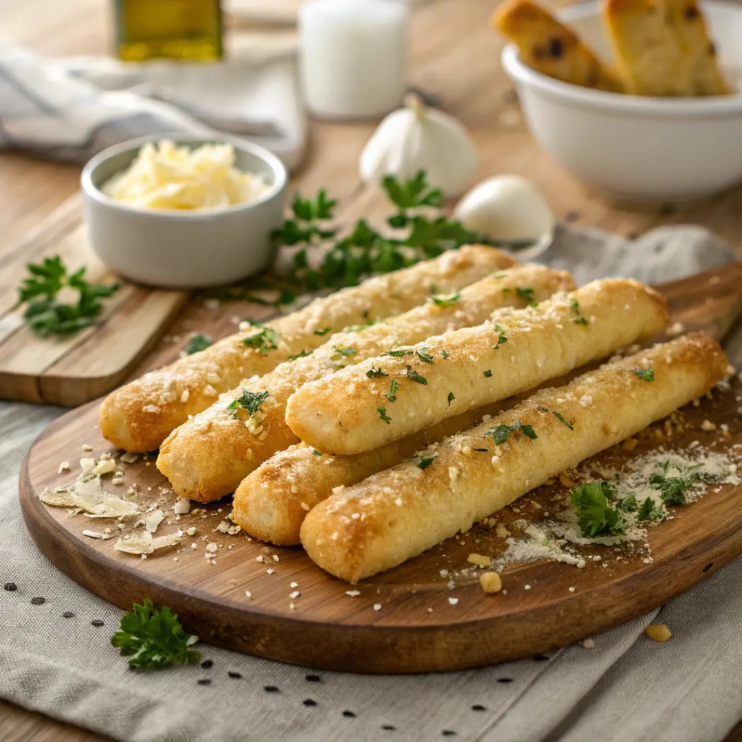 Golden garlic parmesan breadsticks on a wooden board with parsley