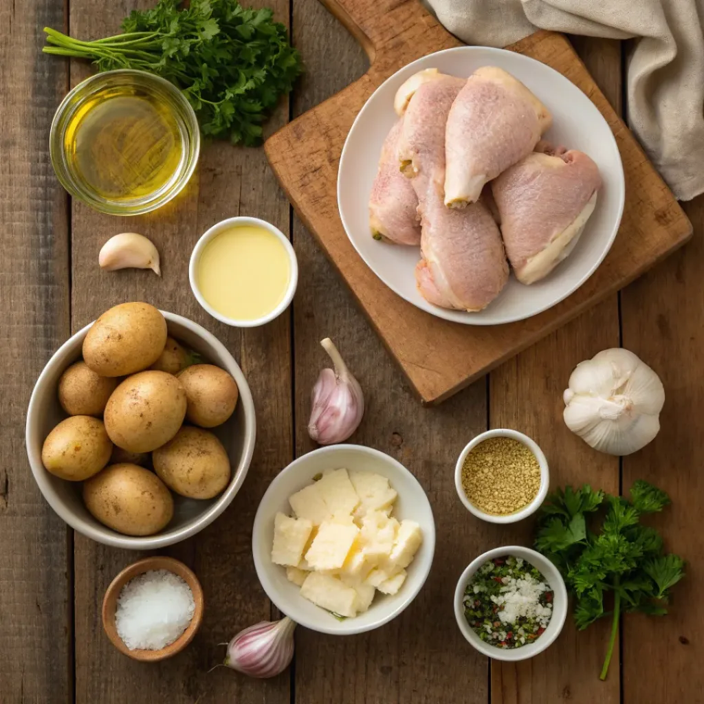 Flat lay of chicken, potatoes, garlic, Parmesan, and herbs for crockpot dinner