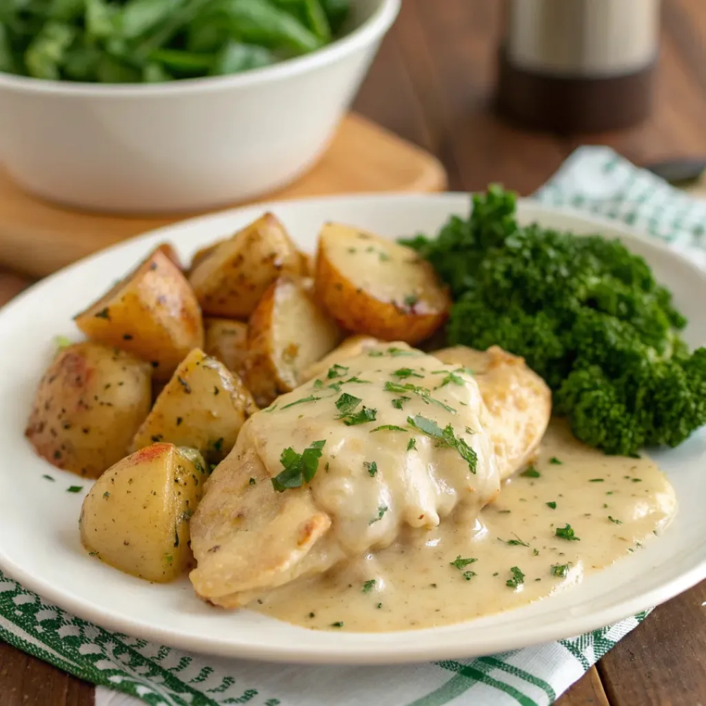 Plate of garlic parmesan crockpot chicken and potatoes garnished with parsley