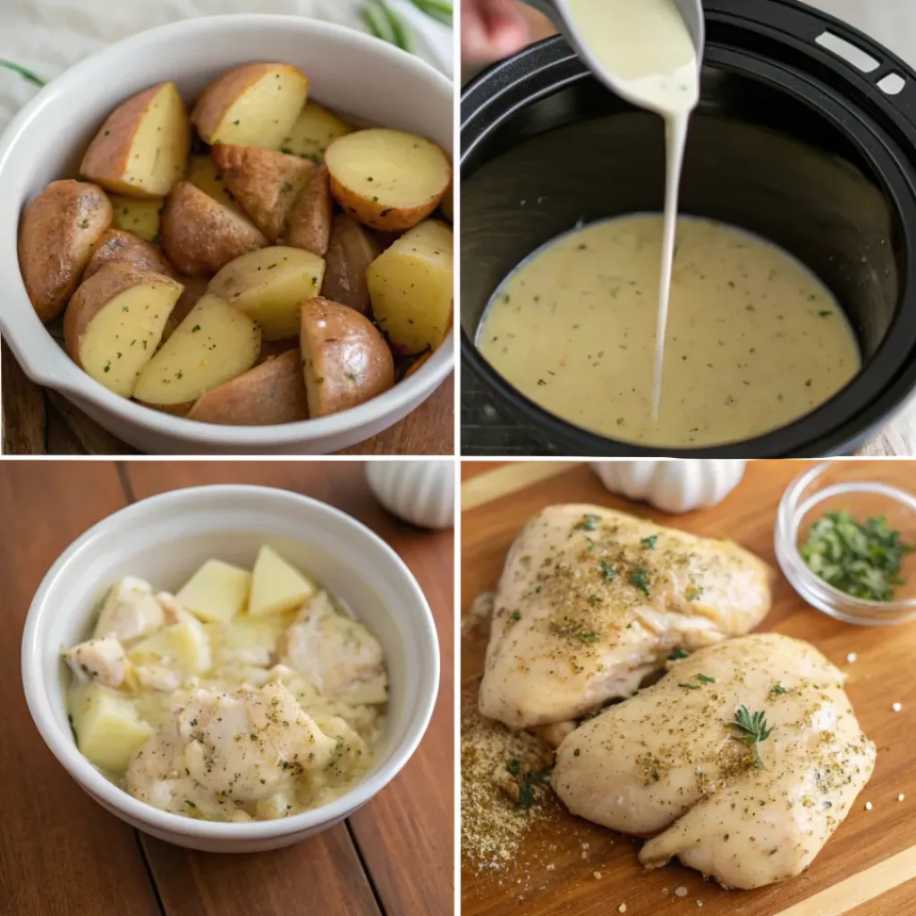 Step-by-step collage showing preparation of garlic parmesan crockpot chicken and potatoes