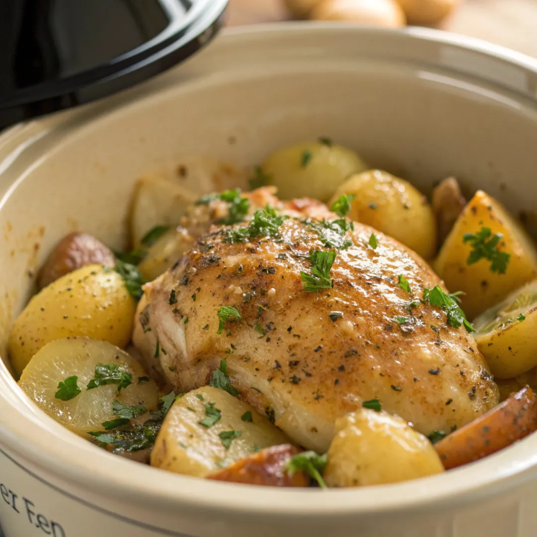Crockpot chicken and potatoes coated in garlic parmesan sauce with parsley