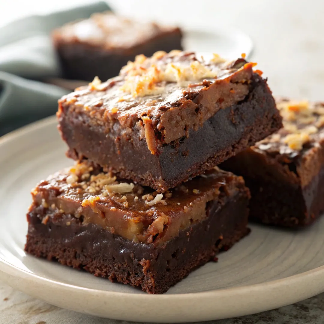 Fudgy German Chocolate Bars with coconut-pecan topping