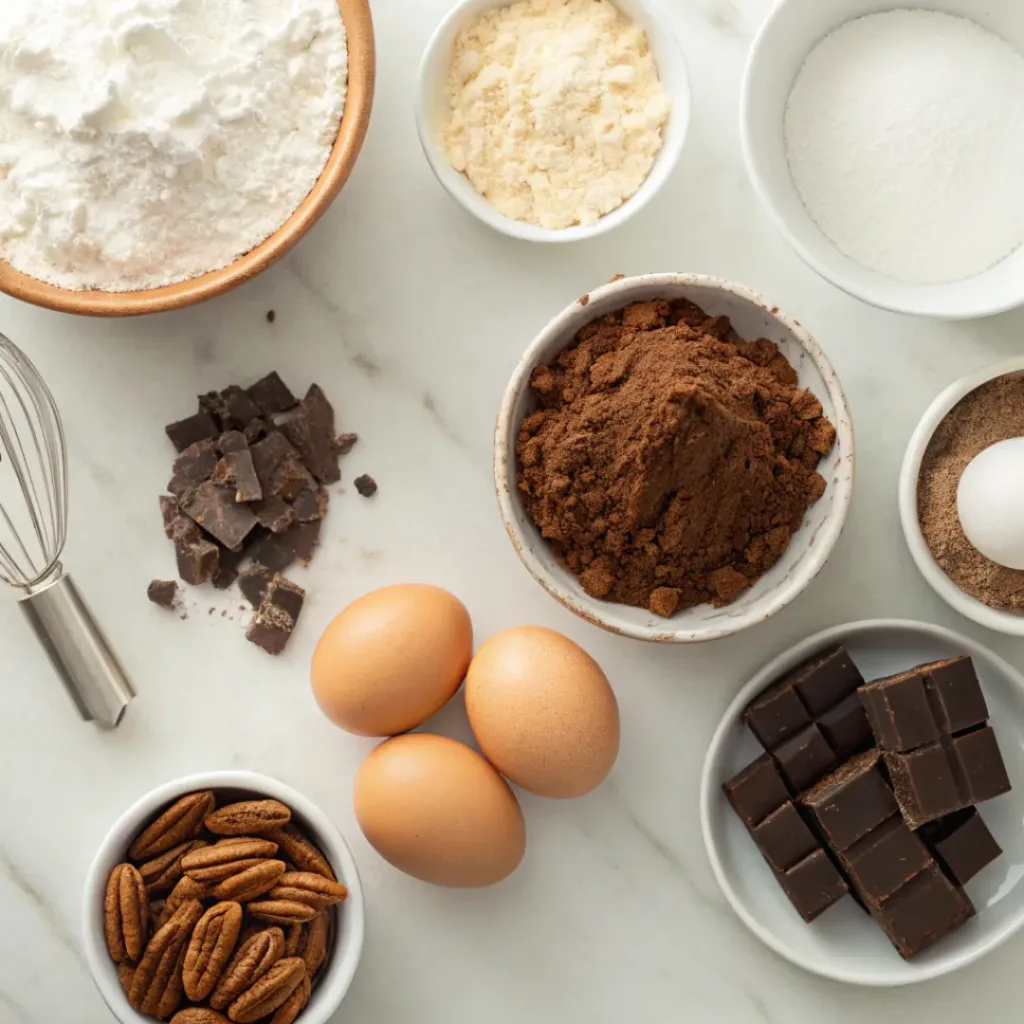Flat lay of chocolate cake ingredients, coconut, pecans, and chocolate