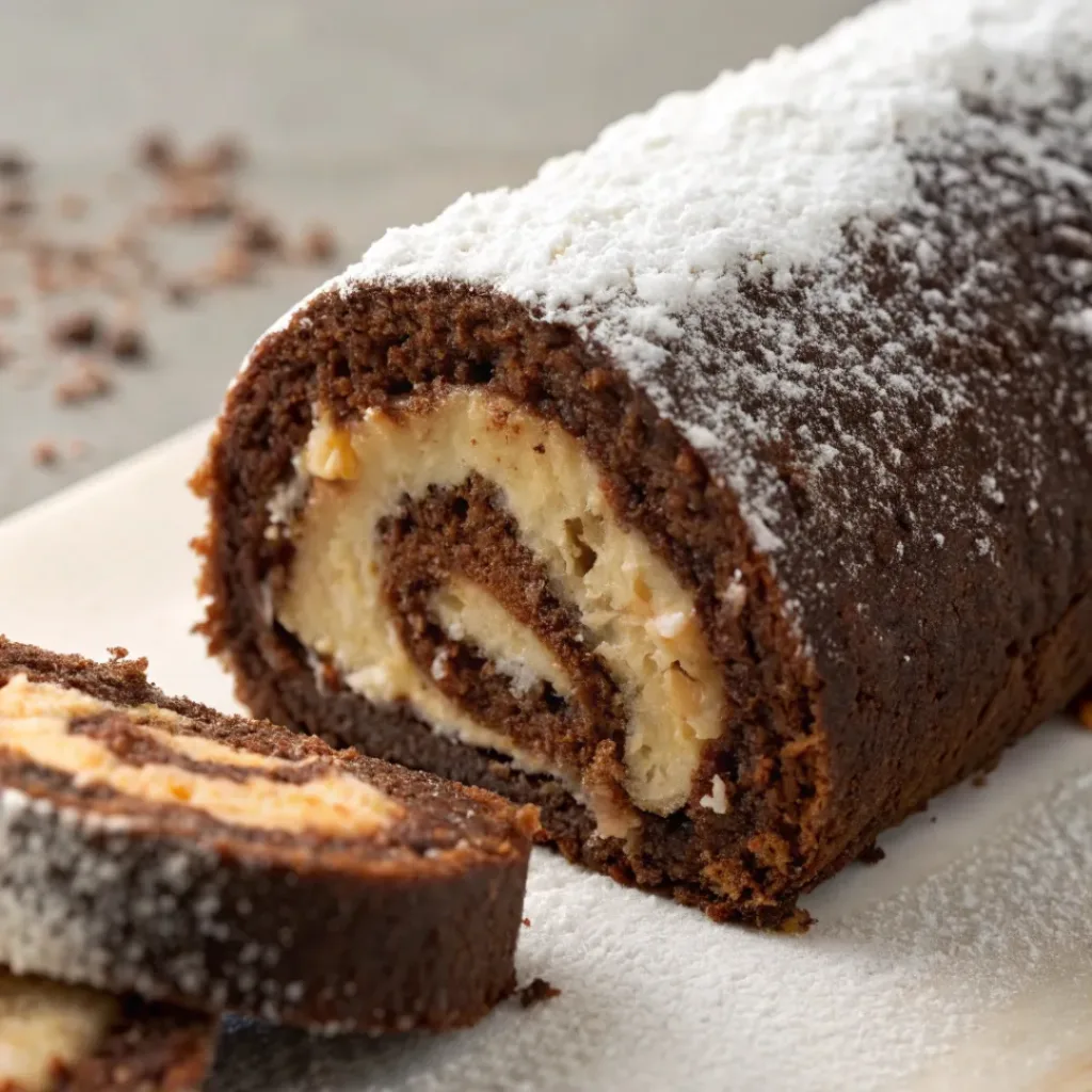 Sliced German Chocolate Cake Roll with coconut-pecan filling