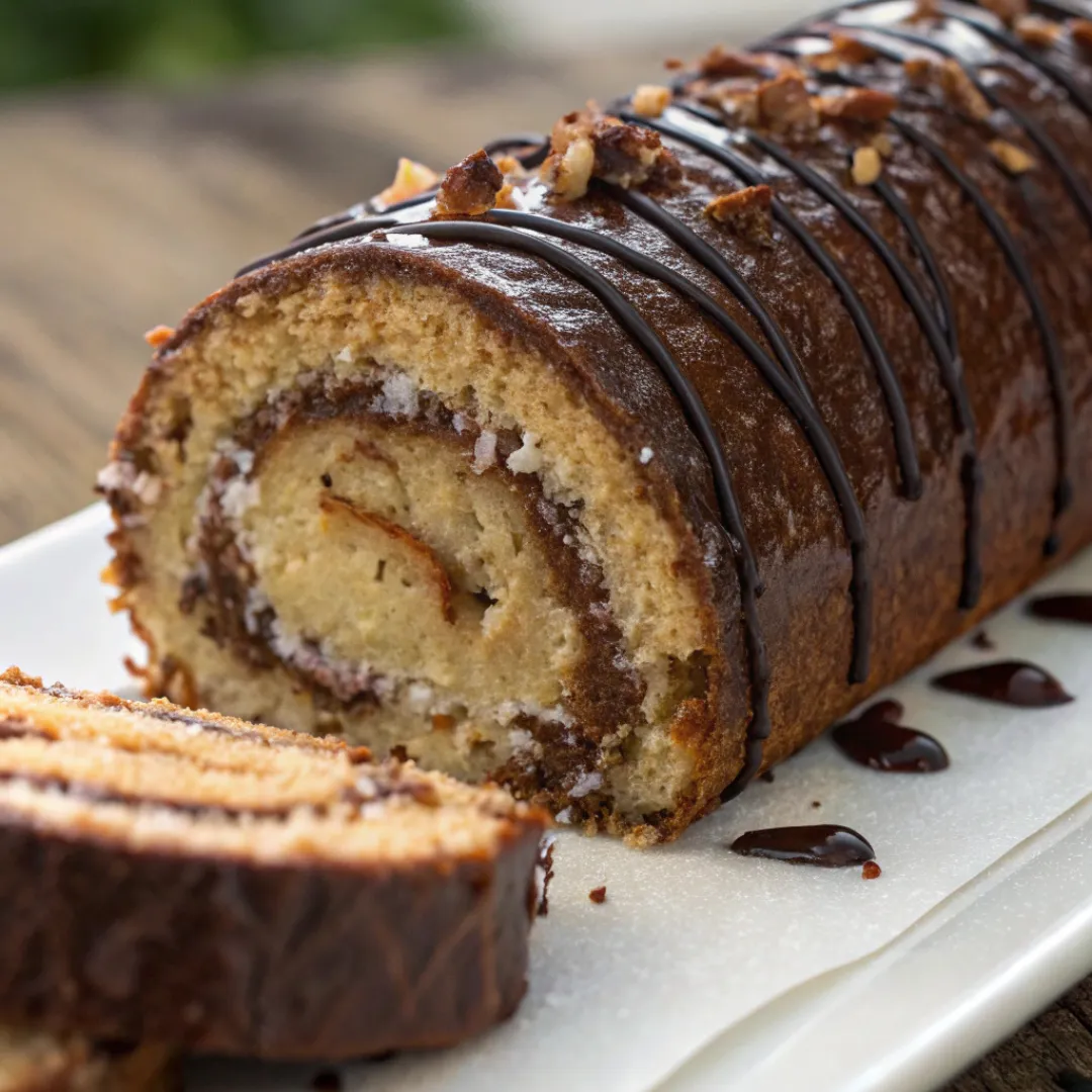 German Chocolate Cake Roll served with a drizzle of chocolate