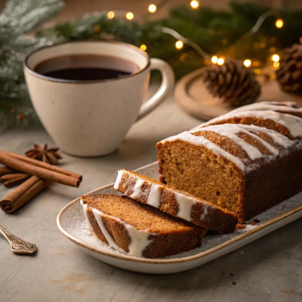 Gingerbread Loaf with Vanilla Glaze 8 Sliced gingerbread loaf with vanilla glaze served with coffee