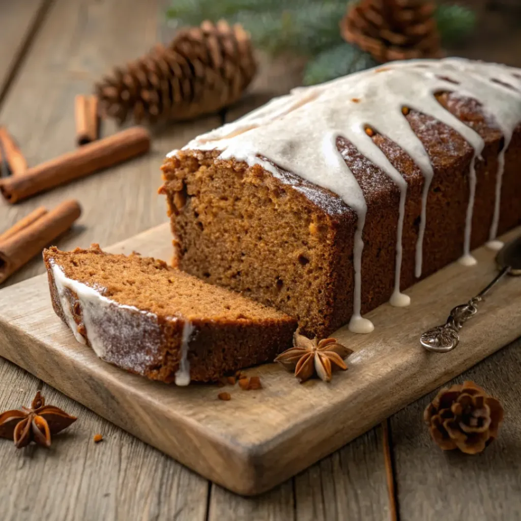 Gingerbread loaf with dripping vanilla glaze on a wooden board