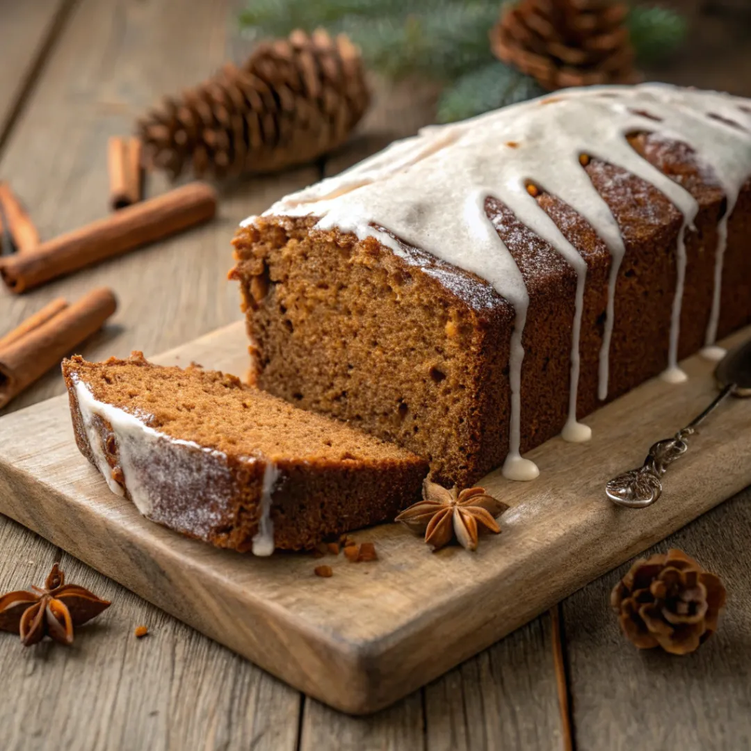 Gingerbread loaf with dripping vanilla glaze on a wooden board