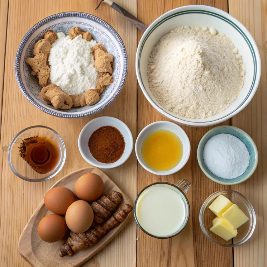 Warm and Spiced Gingerbread Pancakes 6 Overhead flat lay of ingredients for gingerbread pancakes