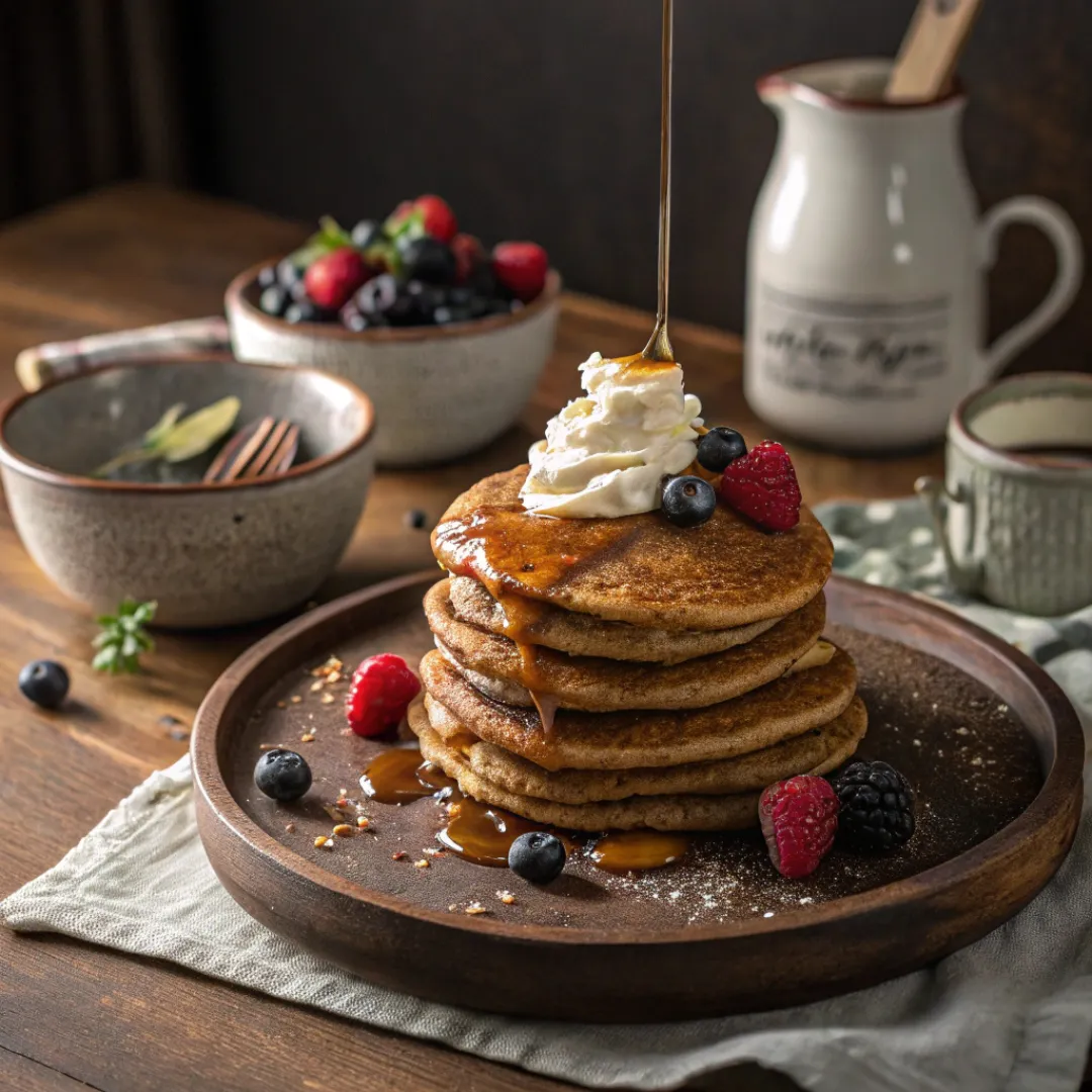 Warm and Spiced Gingerbread Pancakes 8 Plated gingerbread pancakes with syrup and berries