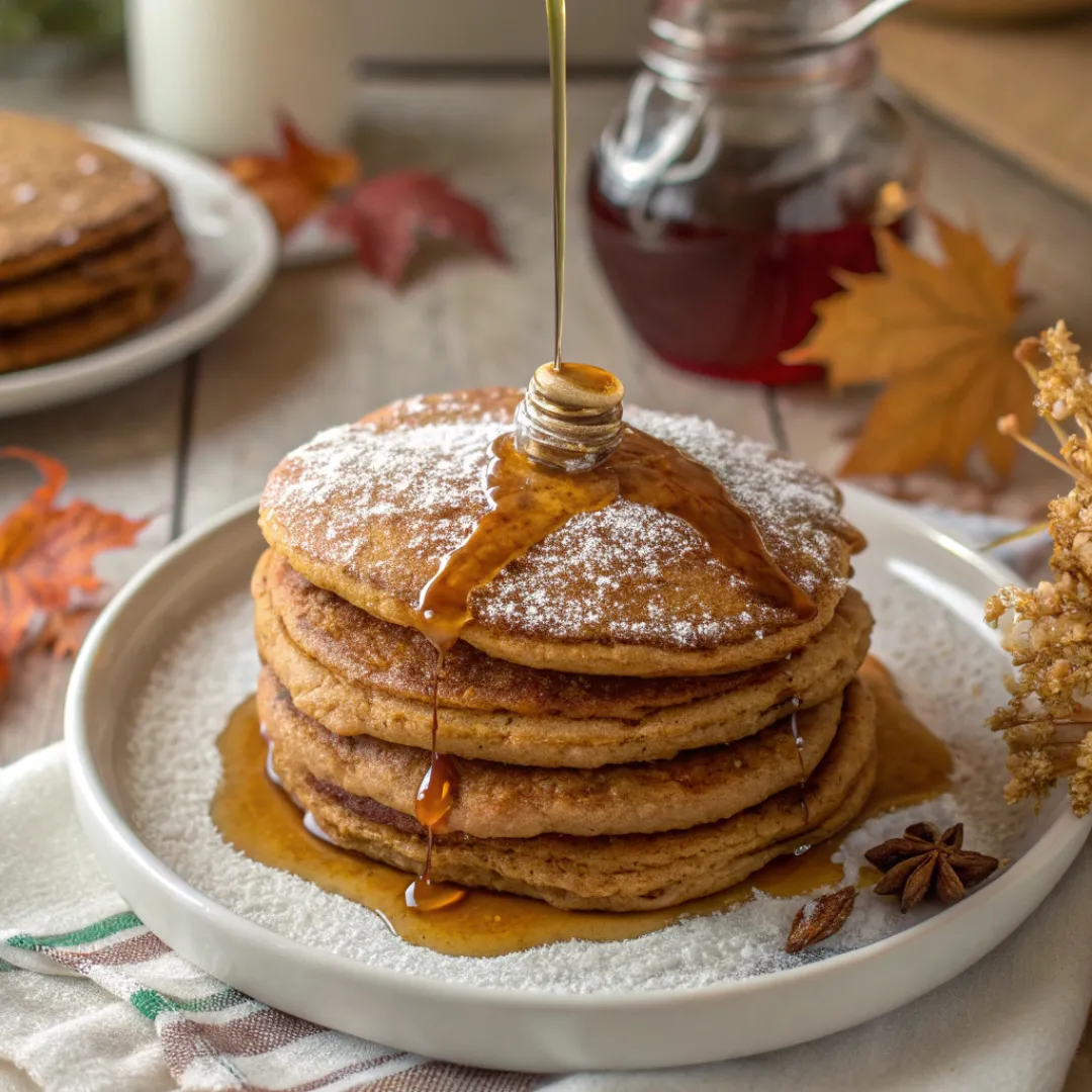 Stack of gingerbread pancakes with syrup and powdered sugar