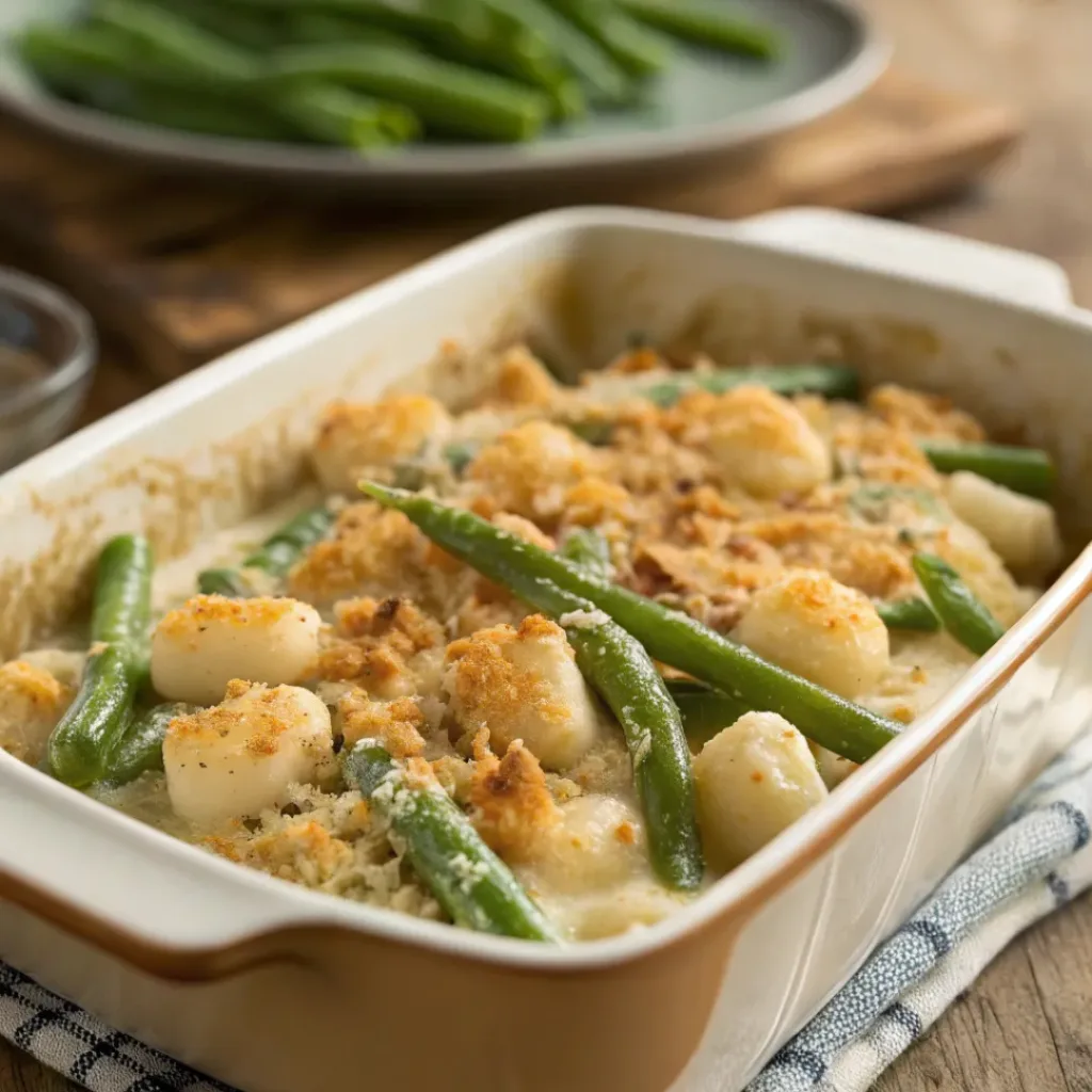 Creamy gnocchi green bean casserole with golden melted cheese