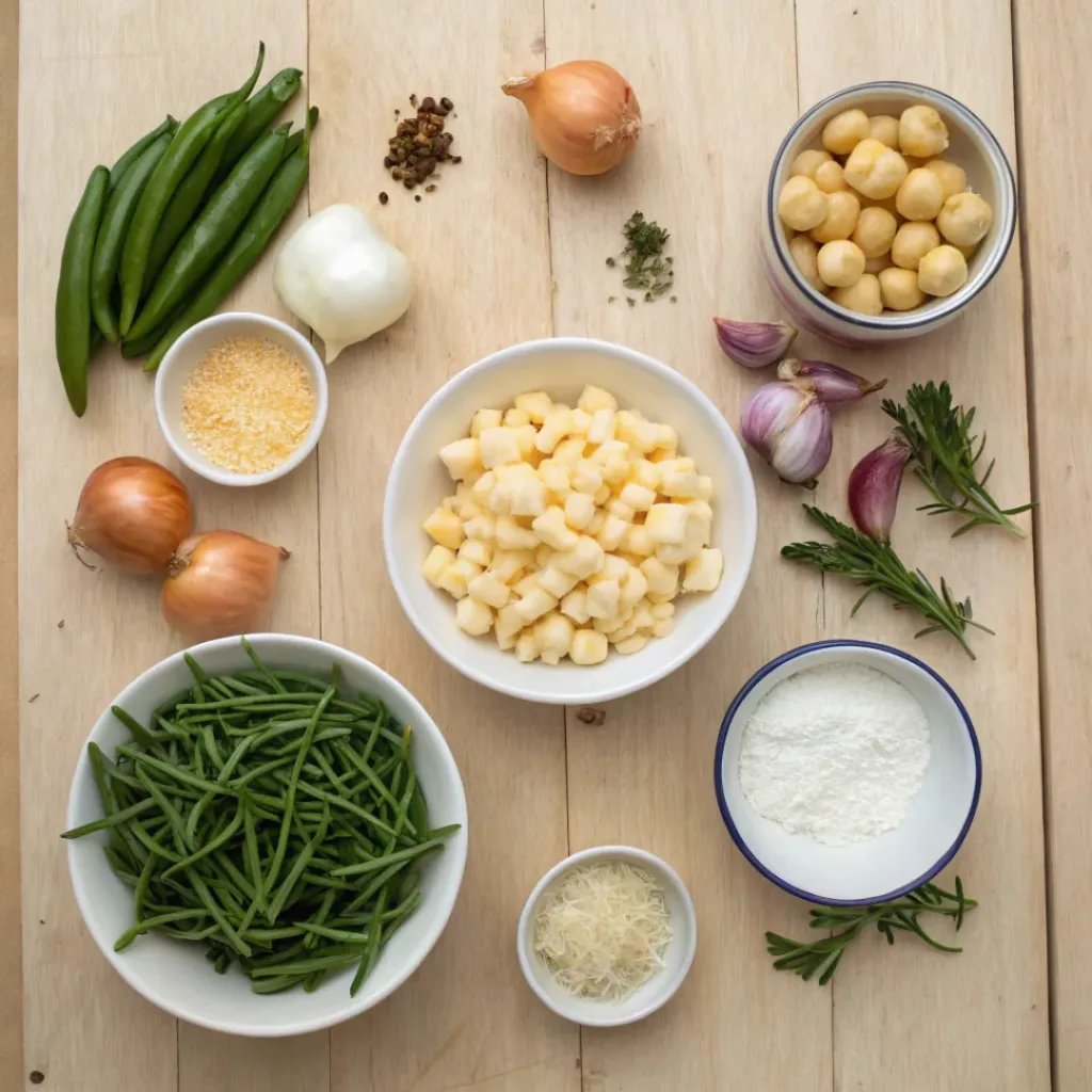 Gnocchi Green Bean Casserole 6 Flat lay of gnocchi, green beans, cheese, cream, and seasoning ingredients