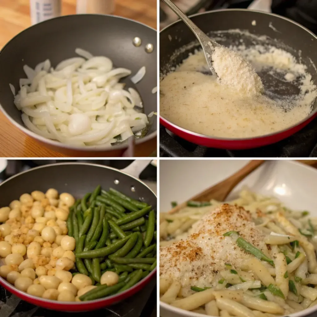 Gnocchi Green Bean Casserole 7 Step-by-step collage showing preparation of gnocchi green bean casserole