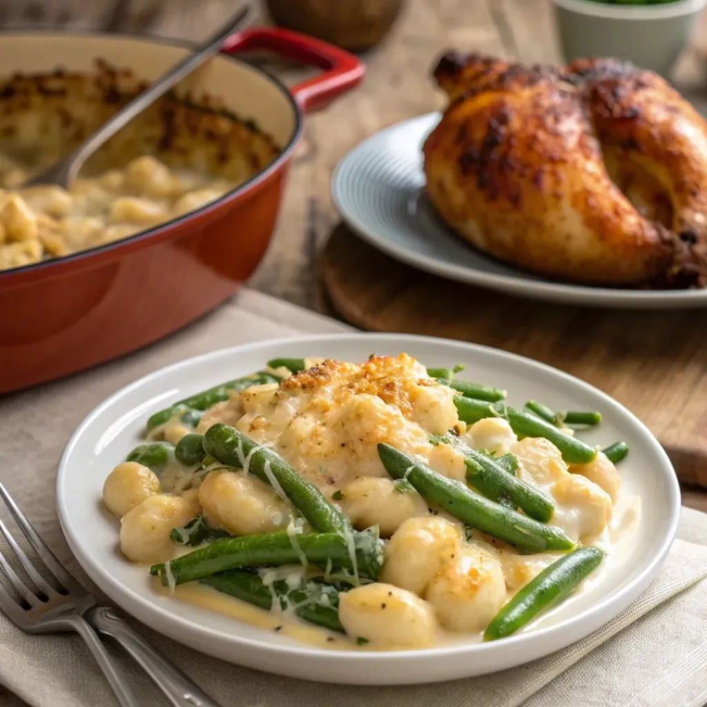 Gnocchi Green Bean Casserole 8 Plate of gnocchi green bean casserole with creamy sauce and melted cheese served with roasted chicken