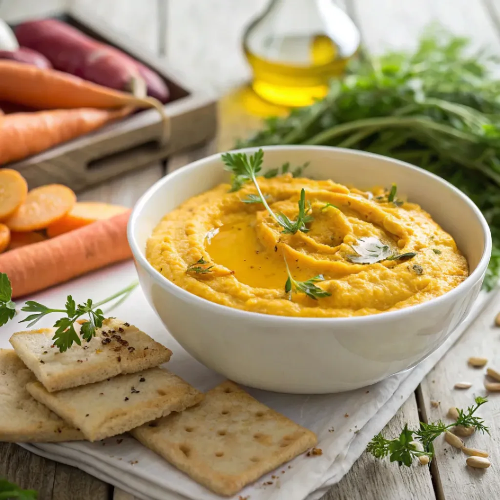Golden Beet Dip in a bowl with herbs and olive oil