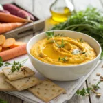 Golden Beet Dip in a bowl with herbs and olive oil