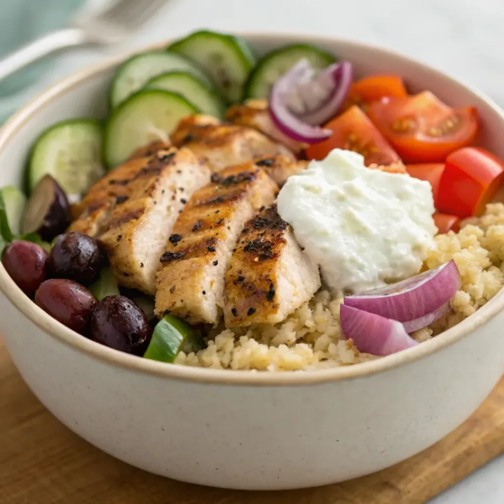 Greek chicken bowl with grilled chicken, vegetables, feta, tzatziki, served with pita bread