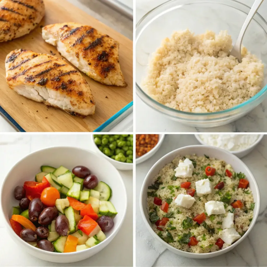 Step-by-step collage showing preparation of Greek chicken bowls