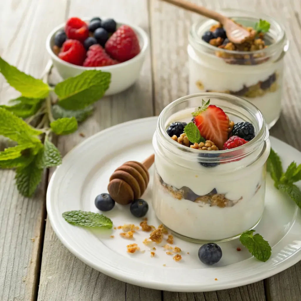 Layered Greek yogurt parfait with berries and granola