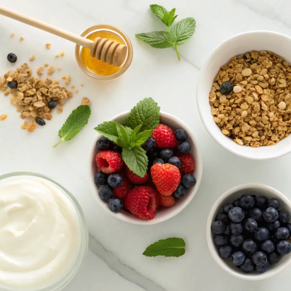Flat lay of ingredients for Greek yogurt parfaits
