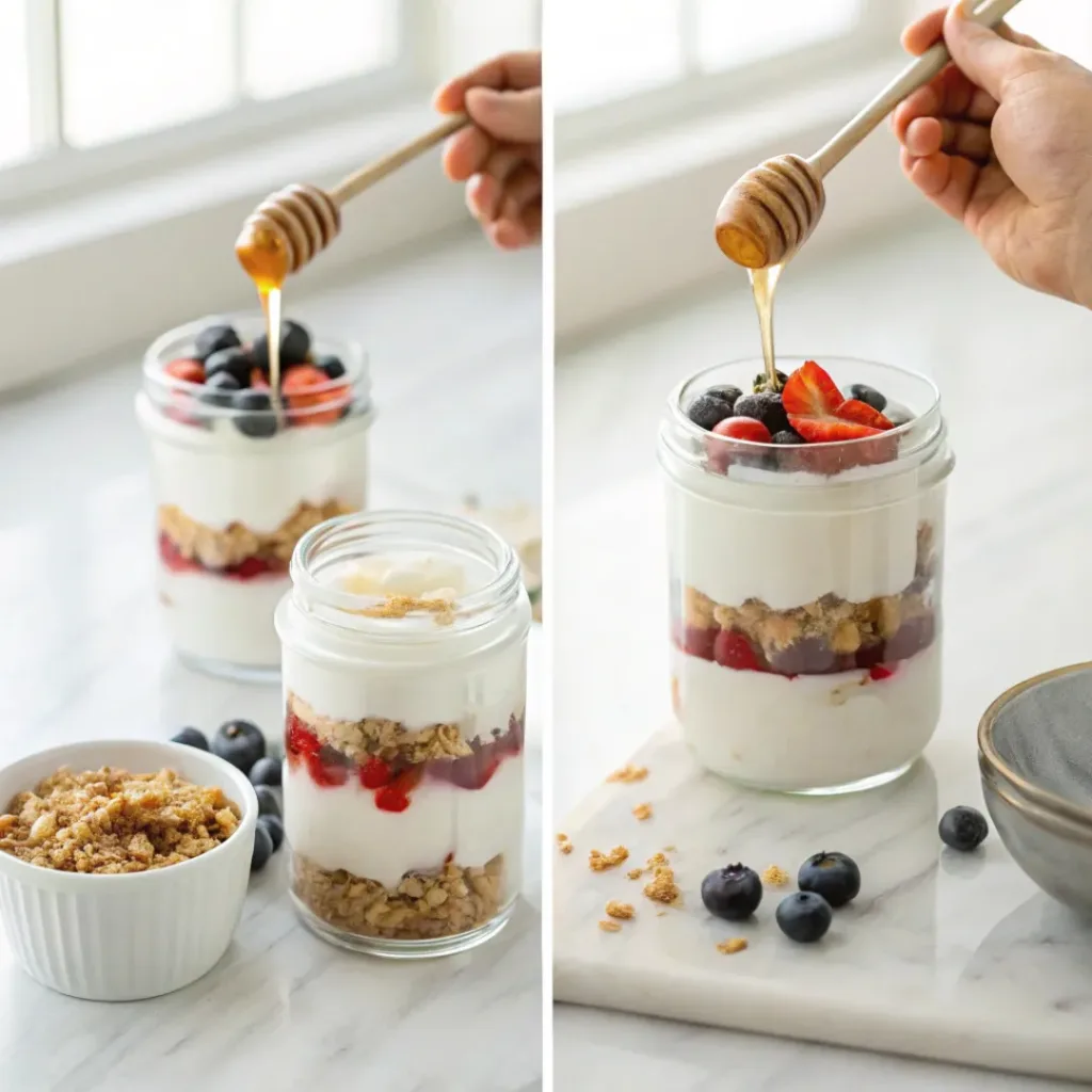 Step-by-step collage showing preparation of Greek yogurt parfaits