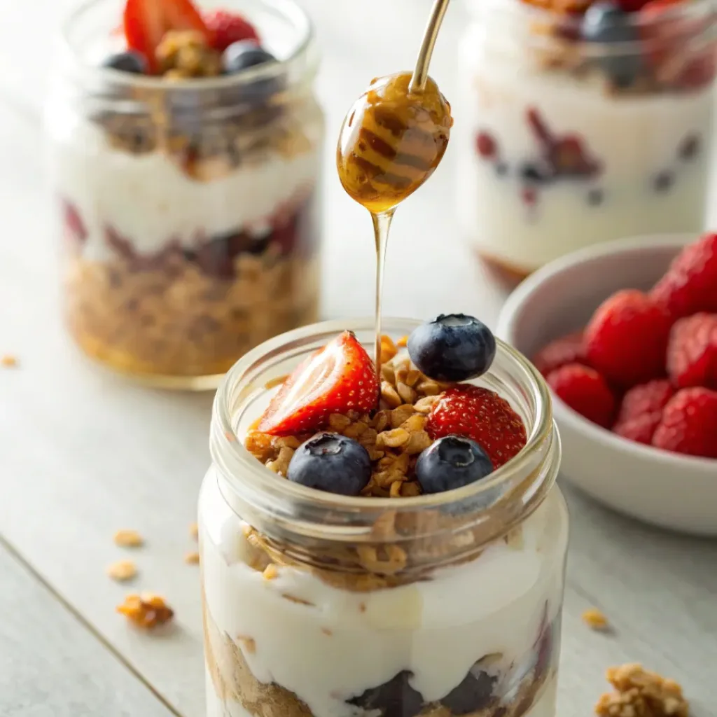 Glass jars with layered Greek yogurt parfaits garnished with berries and honey