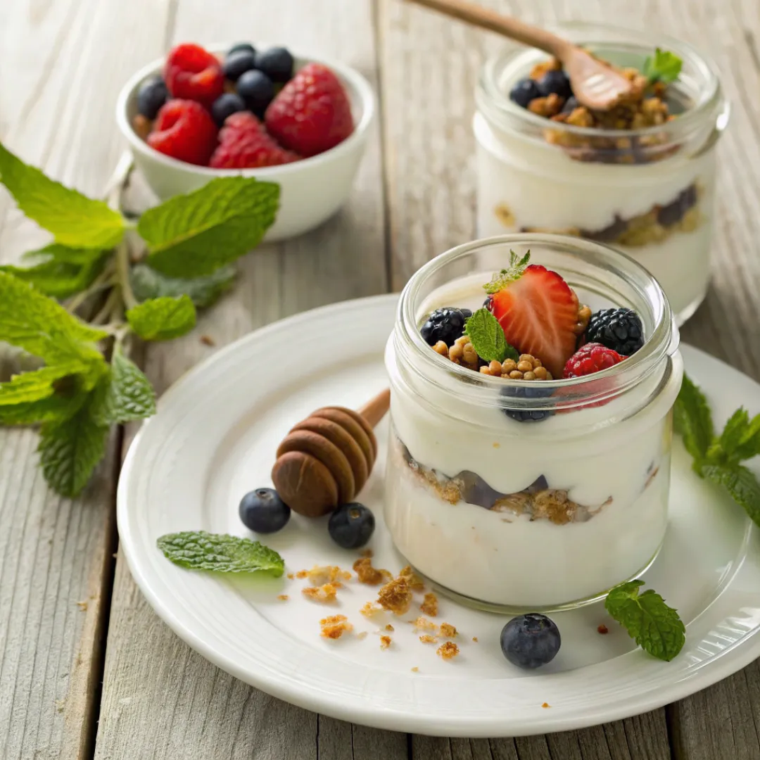 Layered Greek yogurt parfait with berries and granola