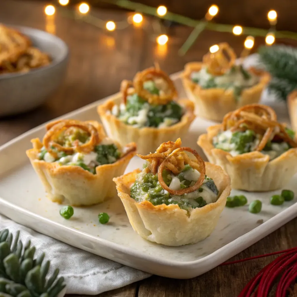 Mini green bean casserole bites in phyllo cups topped with crispy onions