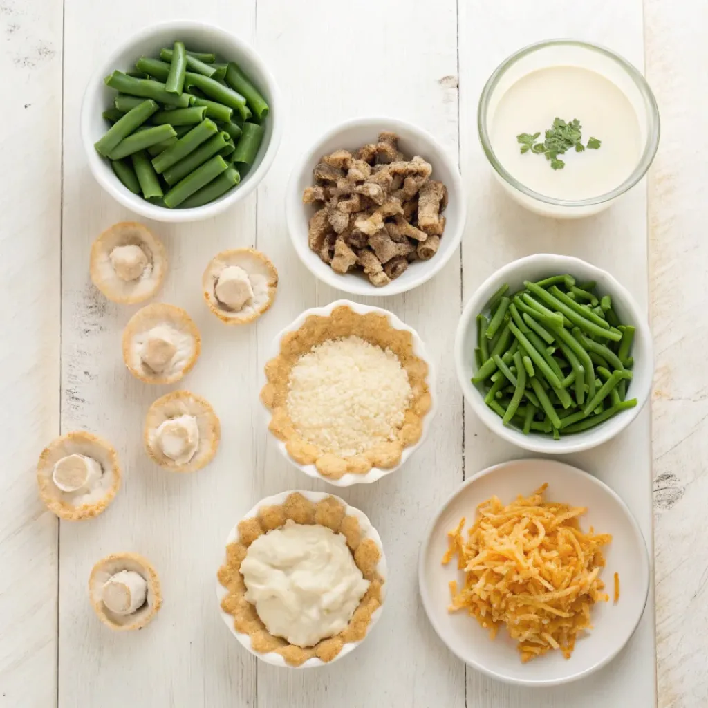 Flat lay of ingredients for green bean casserole bites